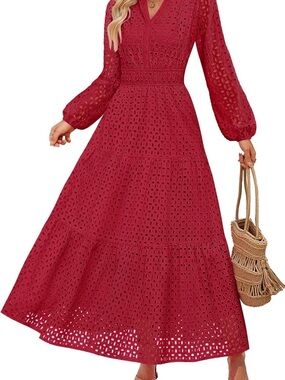 Red Eyelet Maxi Dress with Long Sleeves